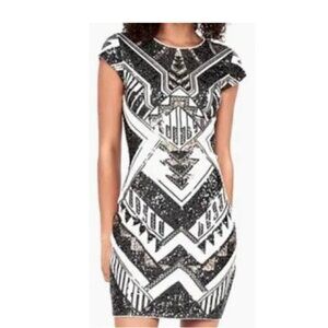 Express Geometric Sequin Bodycon Mini Dress Black White Gold Party/Cocktail XS